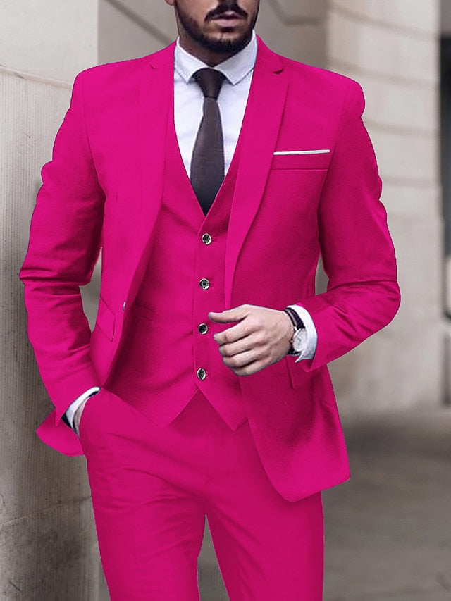 Men's Tailored Fit Single Breasted One-button 3 Pieces Wedding Suits Fuchsia