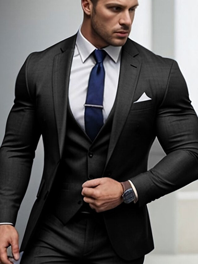 Men's Tailored Fit Single Breasted Two-buttons 3 Pieces Wedding Suits Black