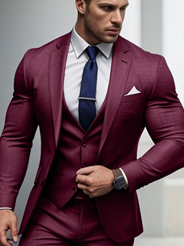 Men's Tailored Fit Single Breasted Two-buttons 3 Pieces Wedding Suits Burgundy