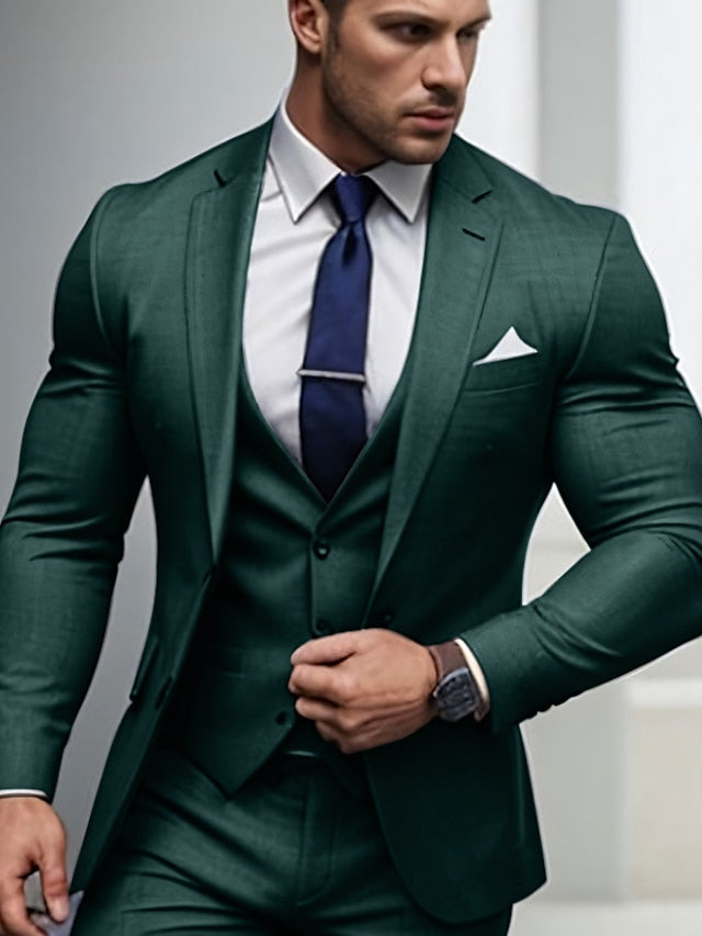 Men's Tailored Fit Single Breasted Two-buttons 3 Pieces Wedding Suits Dark Green