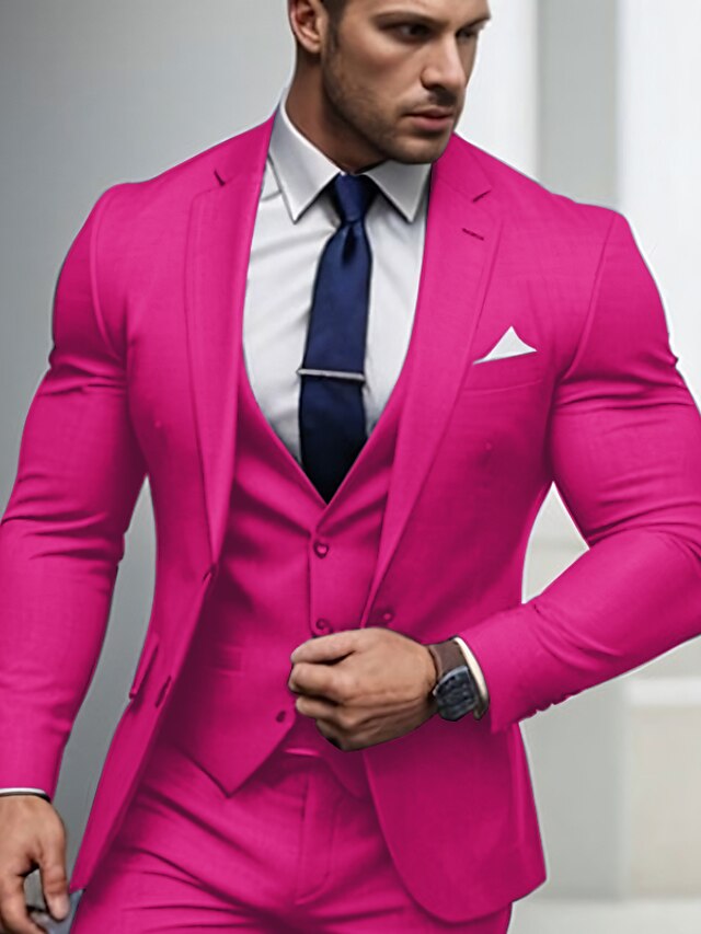 Men's Tailored Fit Single Breasted Two-buttons 3 Pieces Wedding Suits Fuchsia