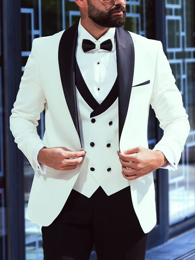 Men's Tailored Fit Single Breasted One-button 3 Pieces Wedding Suits White
