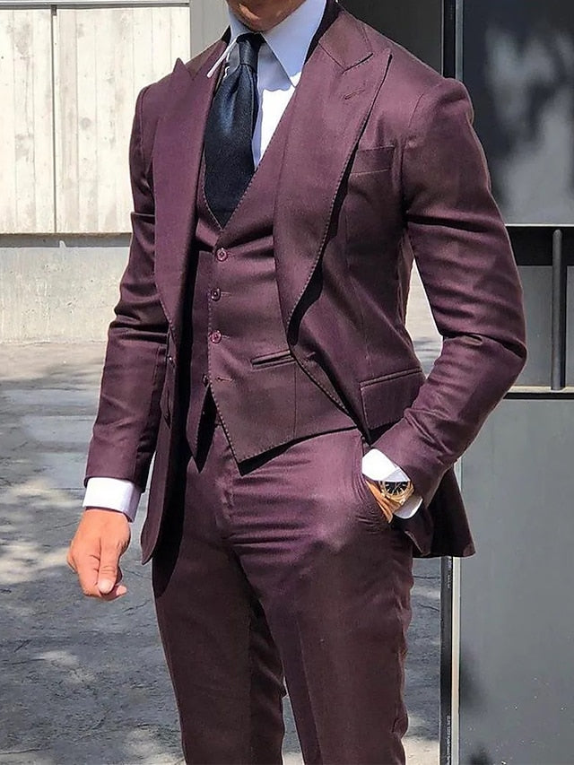 Men's Tailored Fit Single Breasted One-button 3 Pieces Wedding Suits Burgundy
