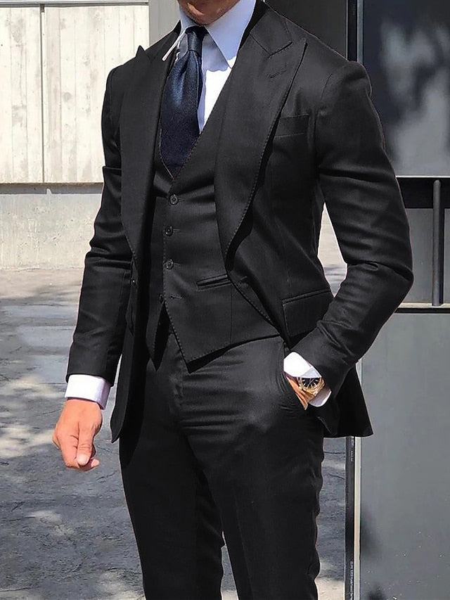 Men's Tailored Fit Single Breasted One-button 3 Pieces Wedding Suits Black