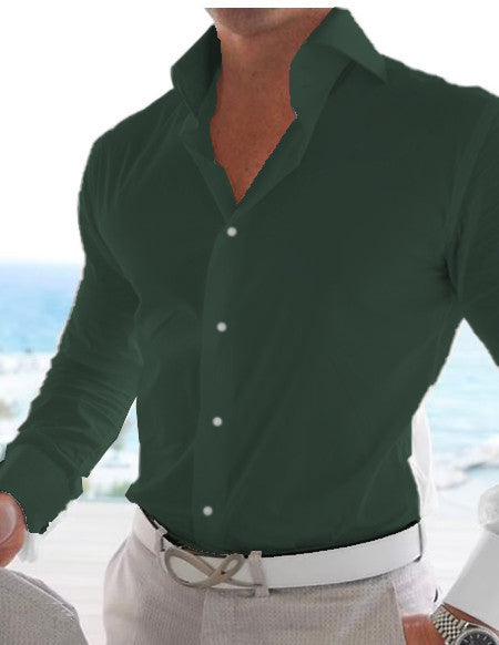 Men's Casual Cotton Linen Long Sleeves Solid Color Shirt Green