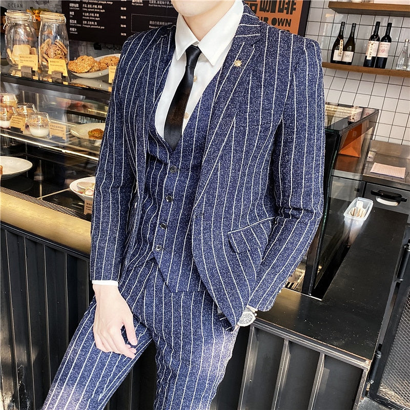 Men's Tailored Fit Single Breasted One-button 3 Pieces Black Ivory Wedding Suits Blue
