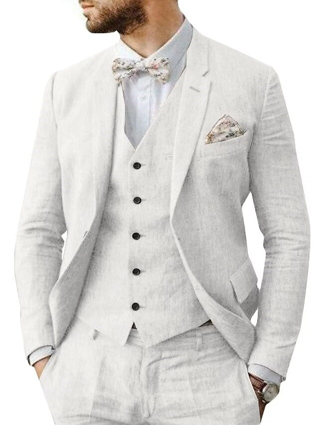 Men's Linen Tailored Fit Single Breasted Two-buttons 3 Pieces Wedding Suits White