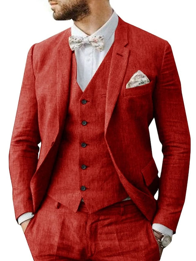 Men's Linen Tailored Fit Single Breasted Two-buttons 3 Pieces Wedding Suits Red