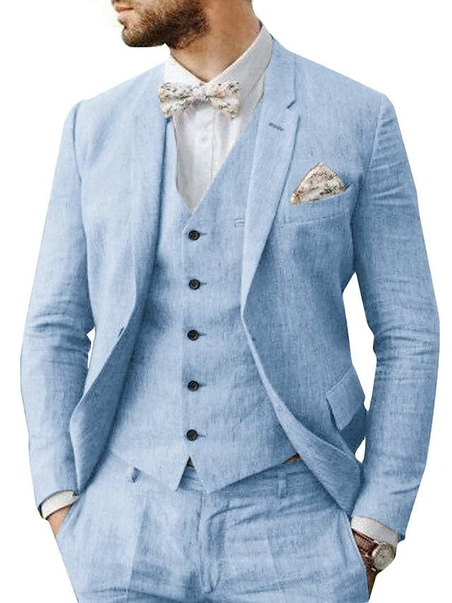 Men's Linen Tailored Fit Single Breasted Two-buttons 3 Pieces Wedding Suits Light Blue