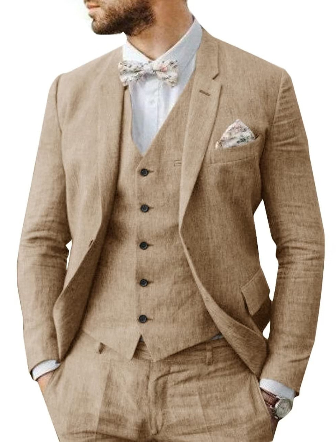 Men's Linen Tailored Fit Single Breasted Two-buttons 3 Pieces Wedding Suits Khaki
