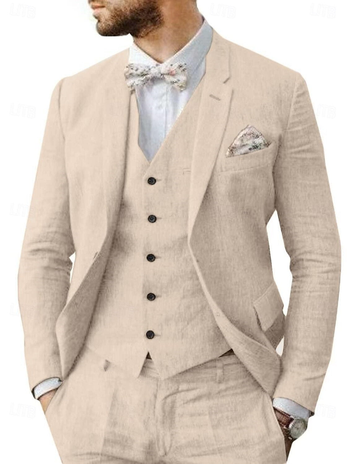 Men's Linen Tailored Fit Single Breasted Two-buttons 3 Pieces Wedding Suits Beige
