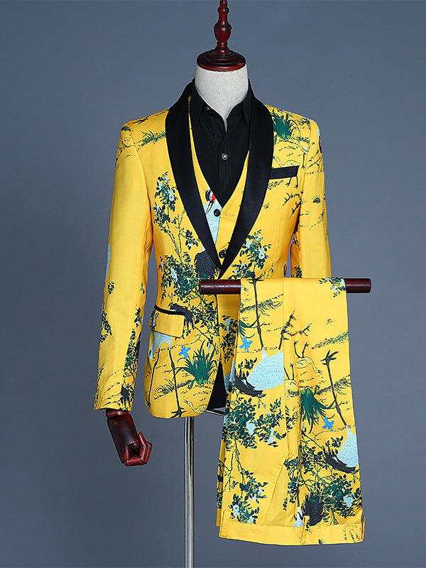 Men's Tailored Fit Shawl Collar Single Breasted One-button 3 Pieces  Wedding Suits Nylon Yellow