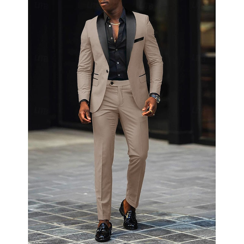 Dark Gray Men's Tailored Fit Single Breasted One-button 2 Pieces Prom Wedding Suits Beige
