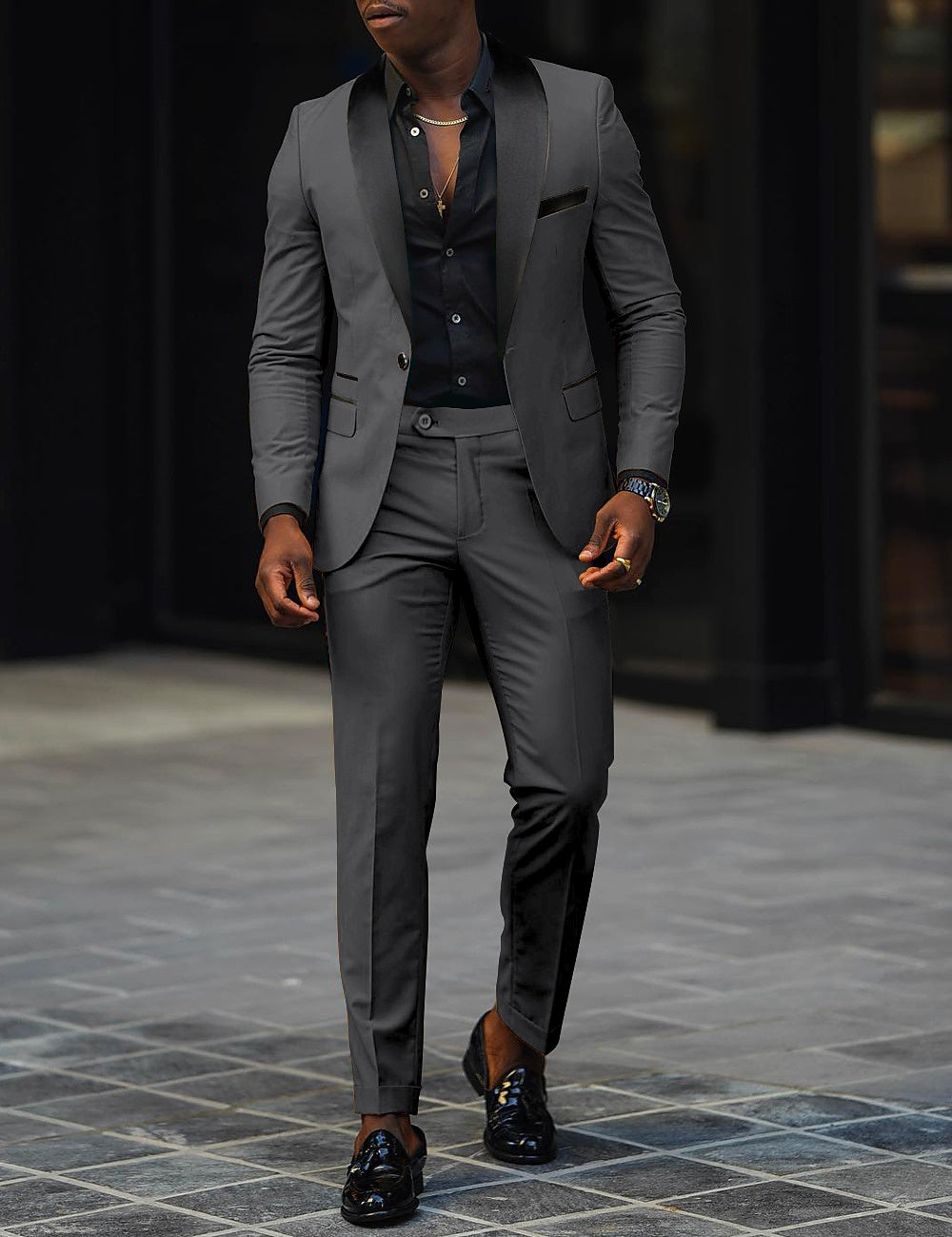 Dark Gray Men's Tailored Fit Single Breasted One-button 2 Pieces Prom Wedding Suits Dark Gray