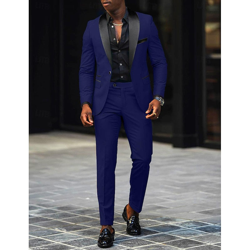 Dark Gray Men's Tailored Fit Single Breasted One-button 2 Pieces Prom Wedding Suits Royal Blue