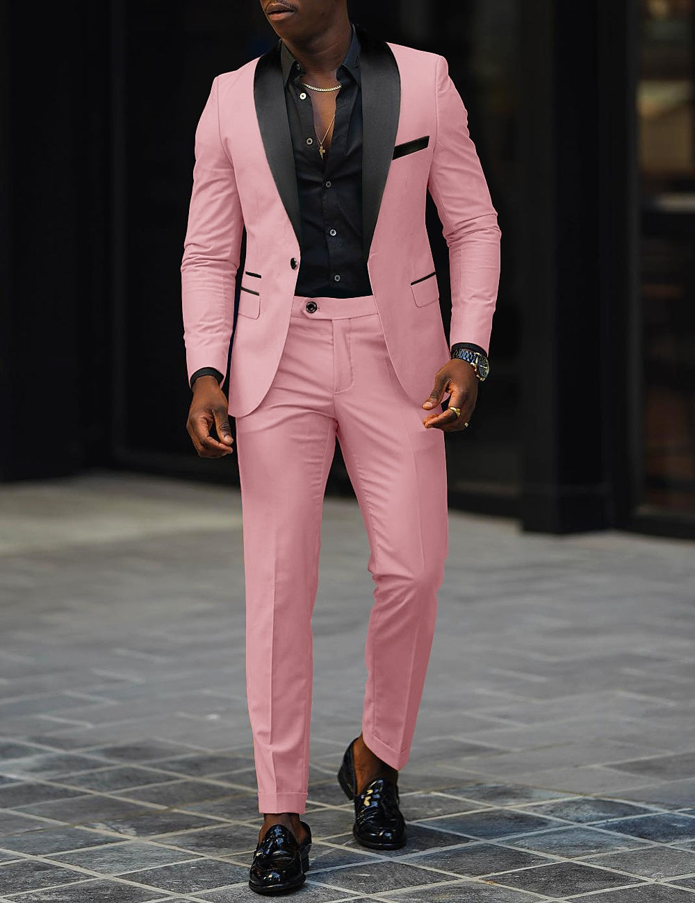 Dark Gray Men's Tailored Fit Single Breasted One-button 2 Pieces Prom Wedding Suits Pink