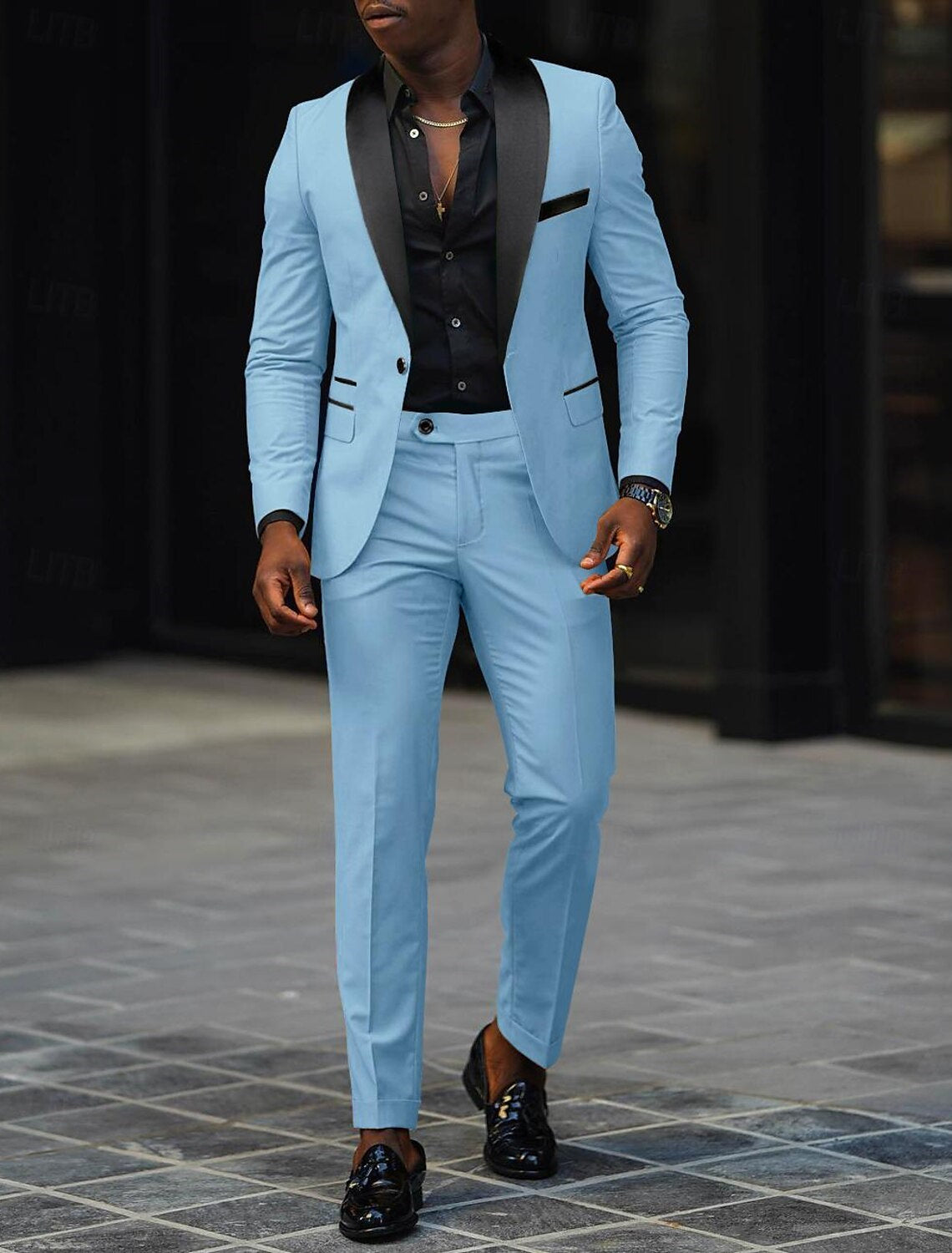 Dark Gray Men's Tailored Fit Single Breasted One-button 2 Pieces Prom Wedding Suits Sky Blue