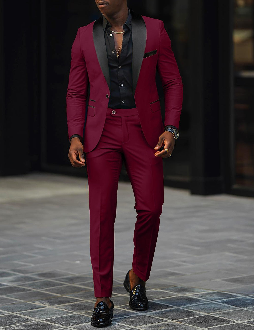 Dark Gray Men's Tailored Fit Single Breasted One-button 2 Pieces Prom Wedding Suits Burgundy