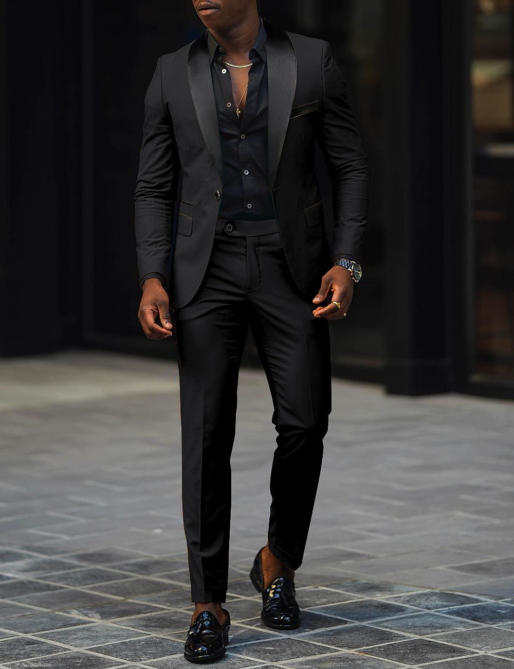 Dark Gray Men's Tailored Fit Single Breasted One-button 2 Pieces Prom Wedding Suits Black