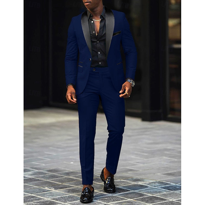 Dark Gray Men's Tailored Fit Single Breasted One-button 2 Pieces Prom Wedding Suits Dark Blue