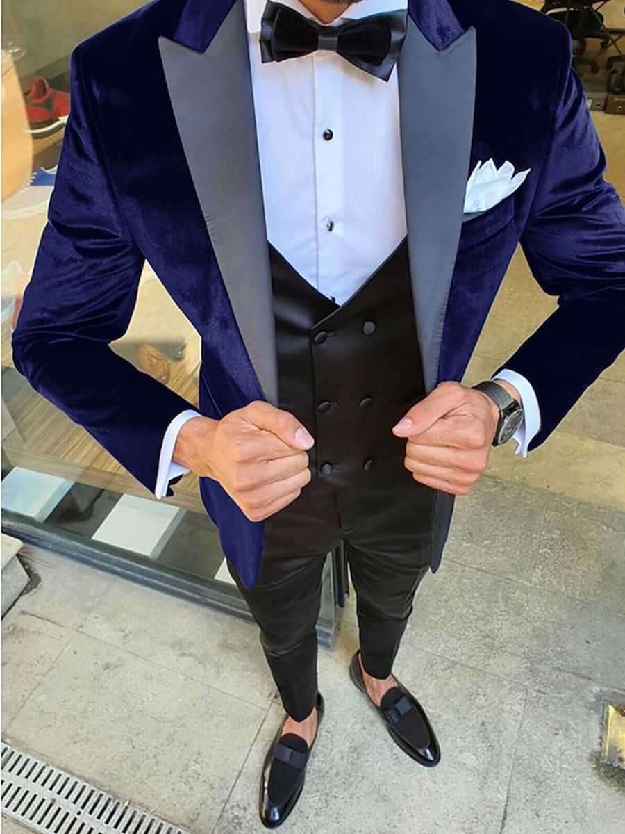 Black Blue Burgundy Men's Vintage Party Velvet Solid Regular Single Breasted One-button Jacket Blue