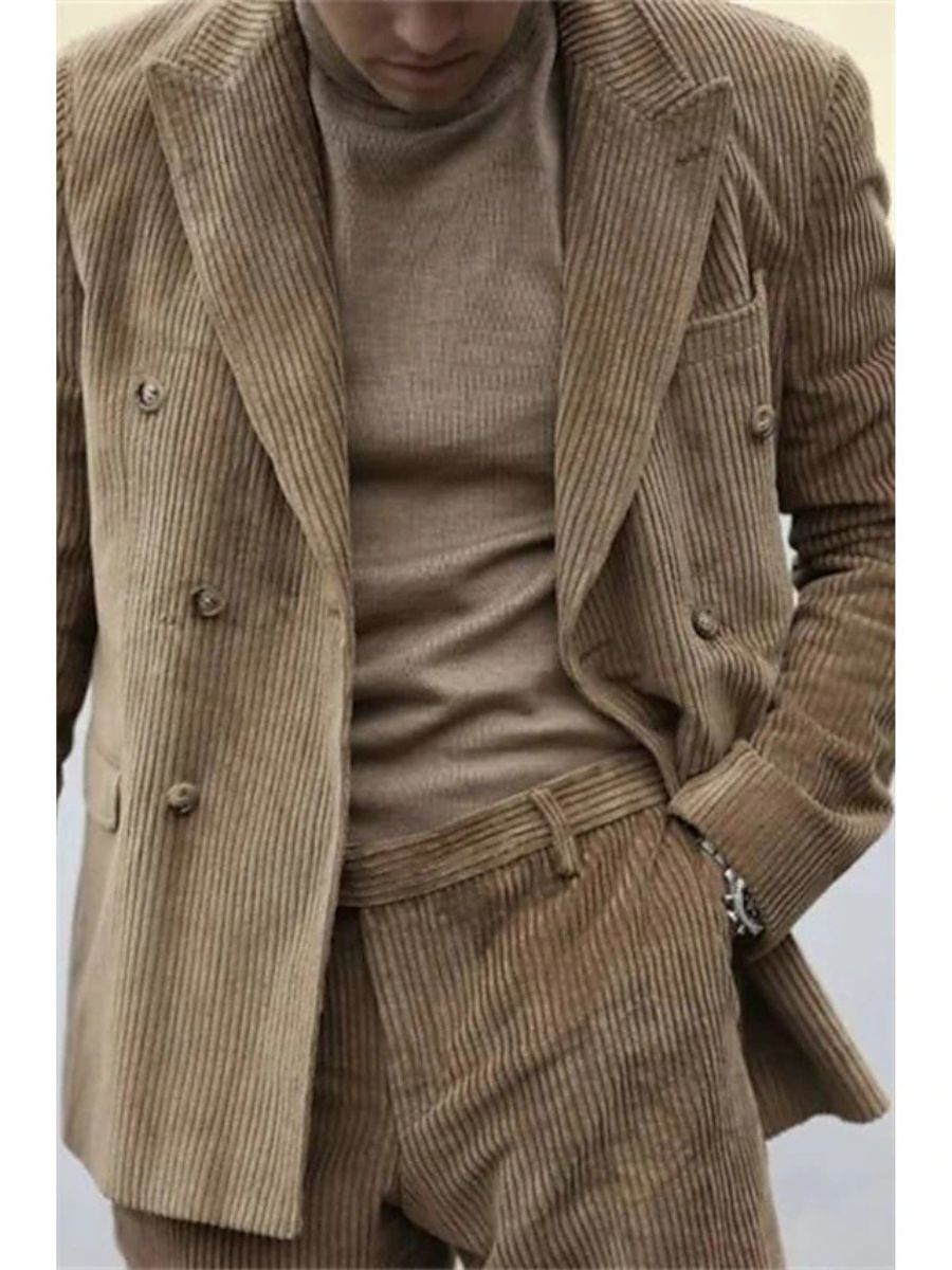 Sage Men's Corduroy Peak Neck Regular Single Double Breasted Six-Buttons Party Suits Jacket Khaki