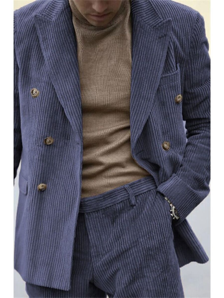 Sage Men's Corduroy Peak Neck Regular Single Double Breasted Six-Buttons Party Suits Jacket Light Blue