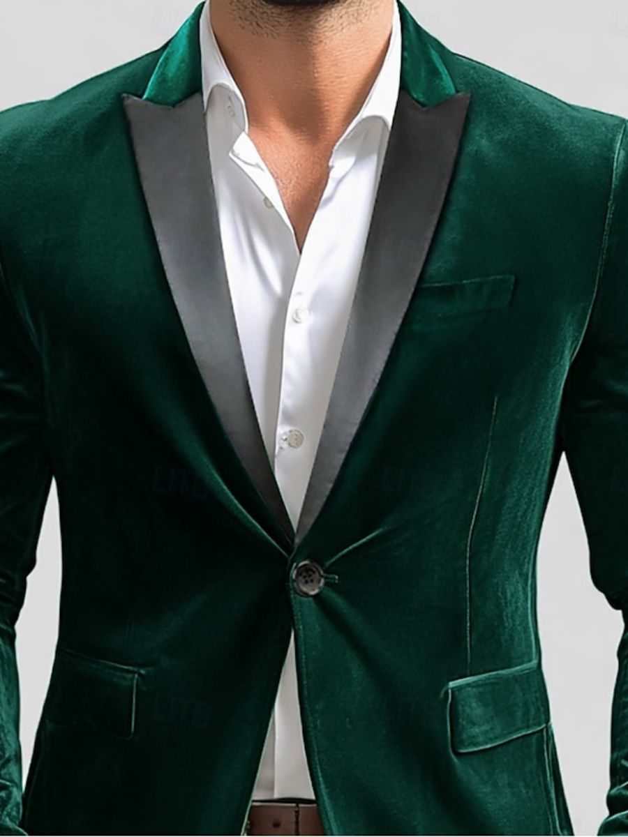 Green Men's Party Velvet Notched Neck Regular Single Breasted One-Button Blazer Jacket Green