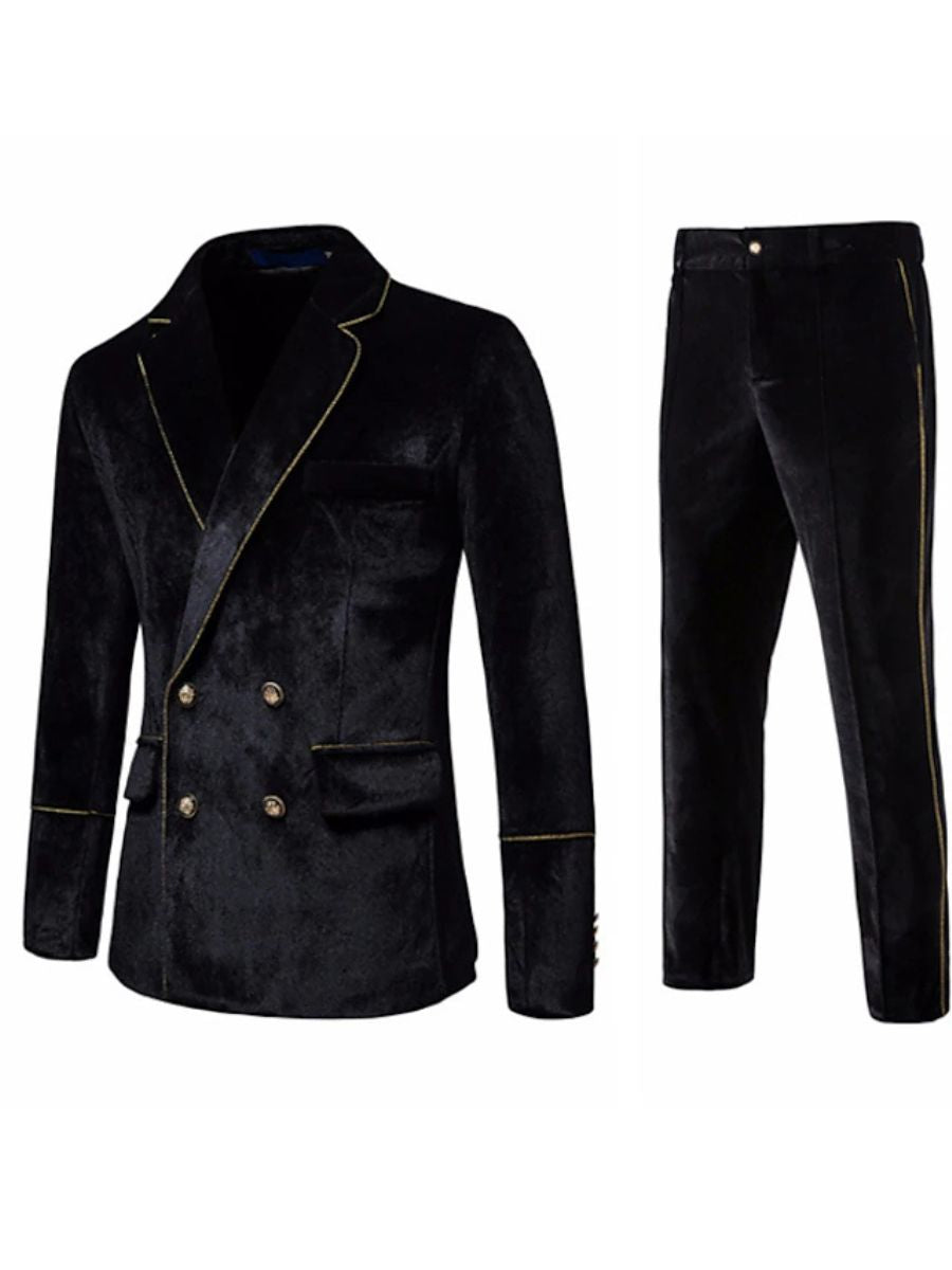Black Men's Retro Notch Double Breasted Four-Buttons Solid Color Suits Black