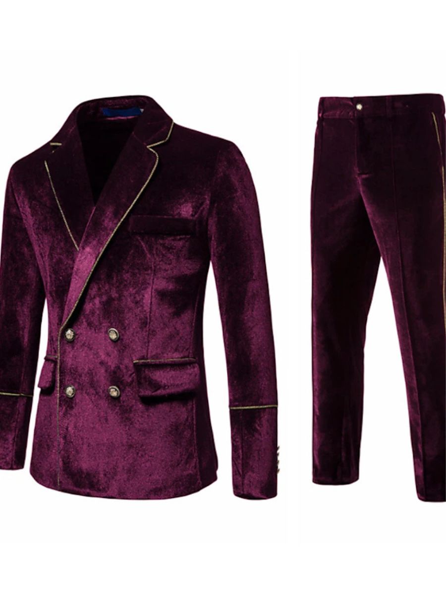 Black Men's Retro Notch Double Breasted Four-Buttons Solid Color Suits Burgundy