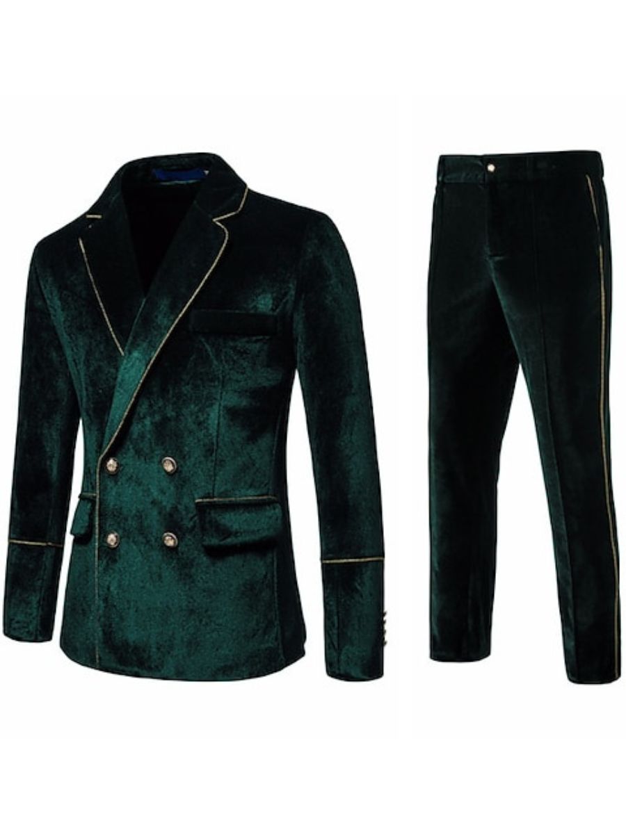 Black Men's Retro Notch Double Breasted Four-Buttons Solid Color Suits Dark Green