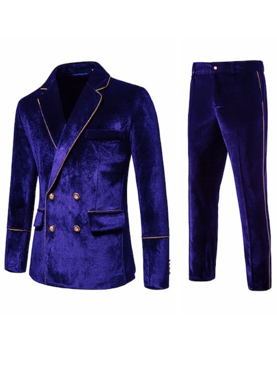 Black Men's Retro Notch Double Breasted Four-Buttons Solid Color Suits Royal Blue