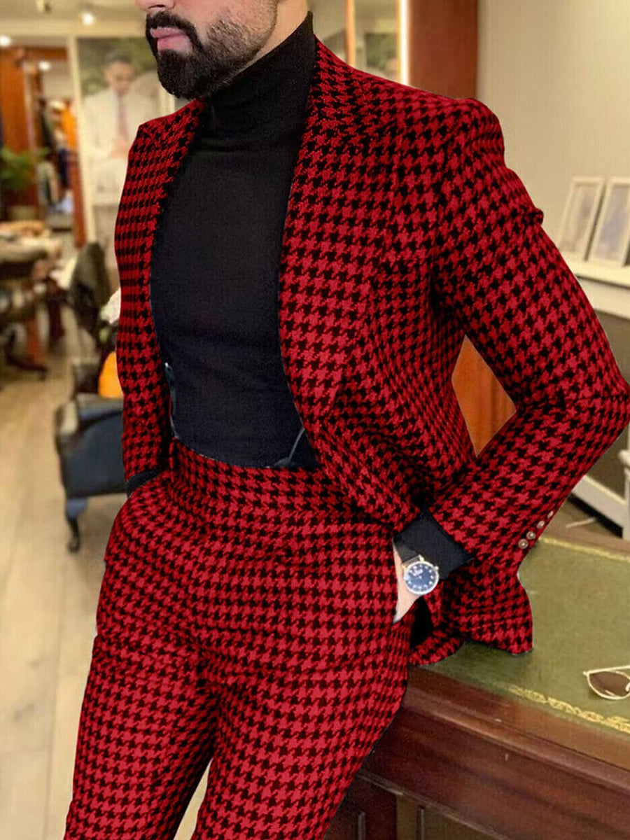Black Red Men's Retro Stylish Tweed Single Breasted One-Button Daily Party Casual Suits As Pic