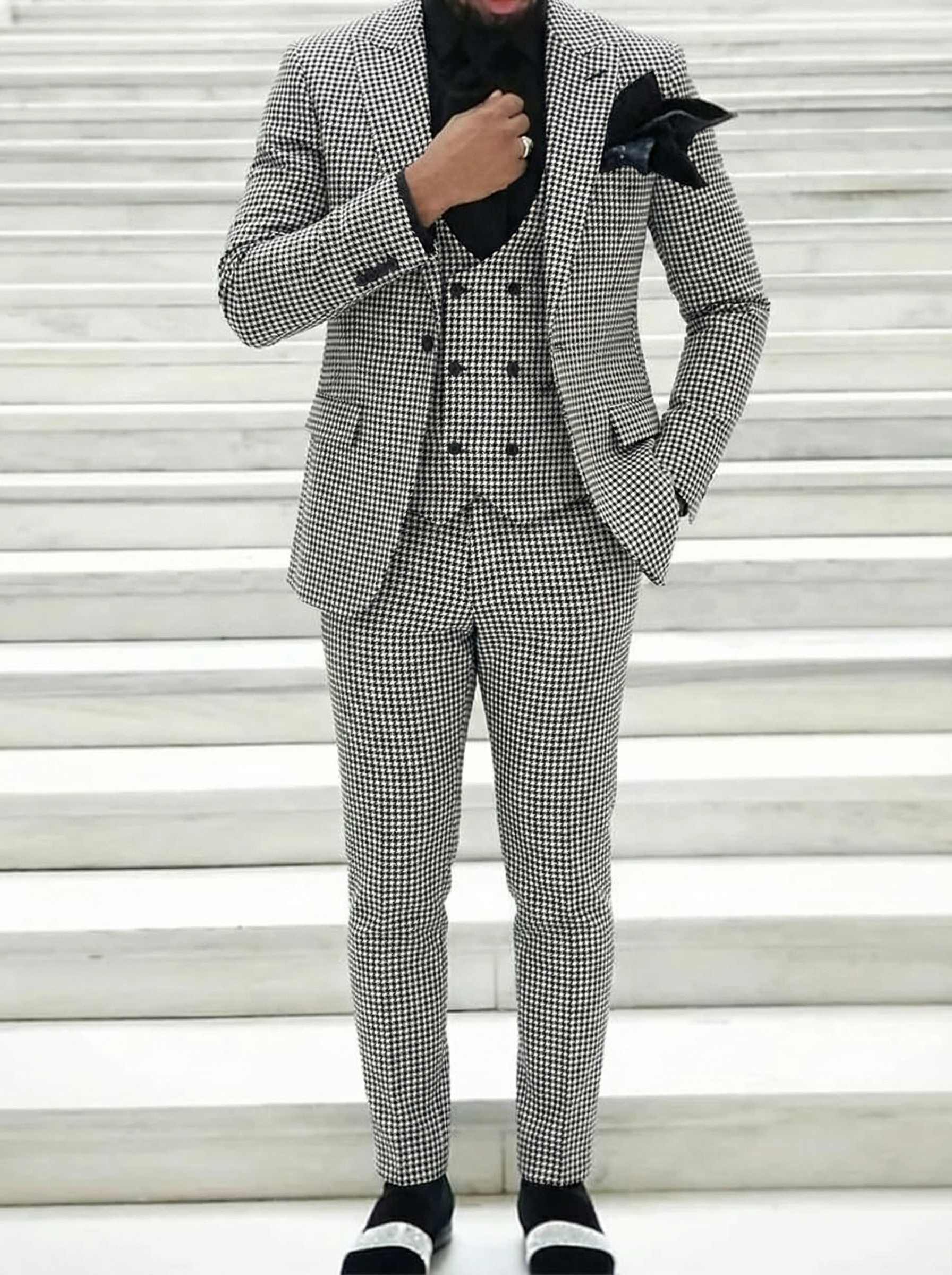 Black White Party Men's Retro Daily Tweed Single Breasted One-Button Party Casual Wedding Suits