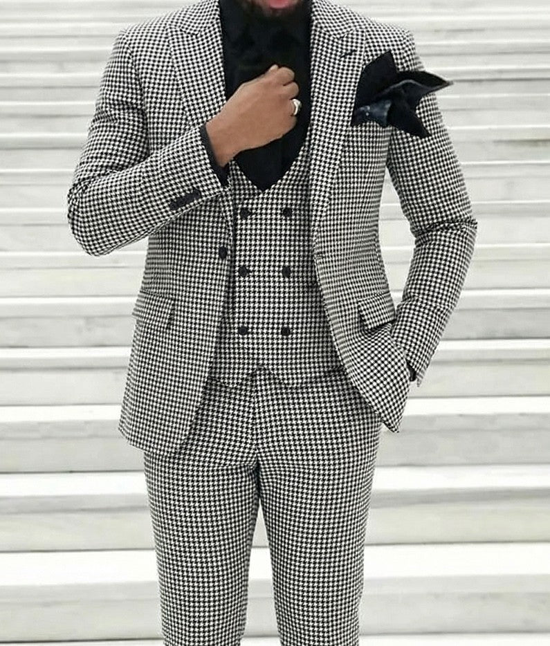Black White Party Men's Retro Daily Tweed Single Breasted One-Button Party Casual Wedding Suits As Pic