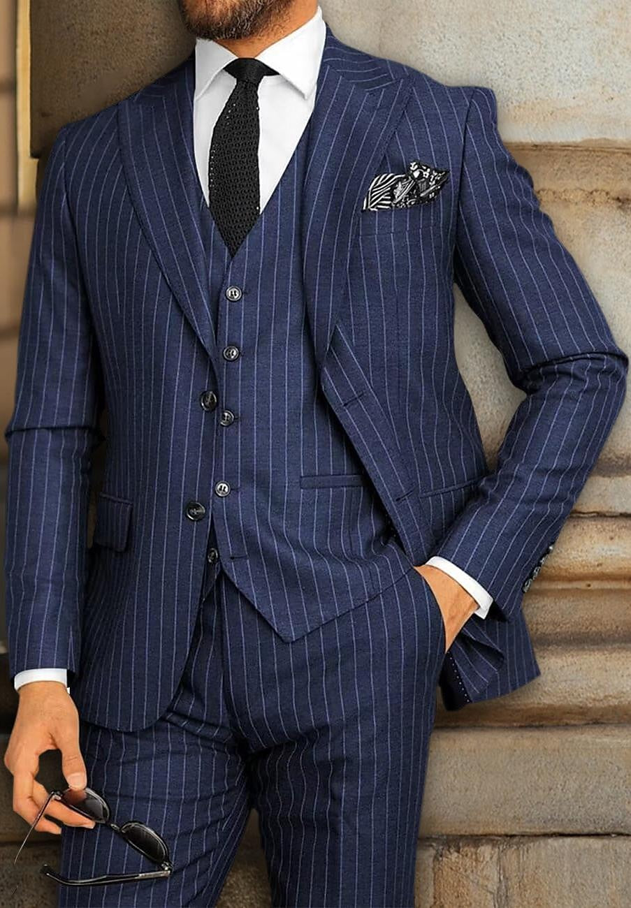 Black Men's Peak Single Breasted Two-Buttons Wedding Party Striped Suits Dark Navy