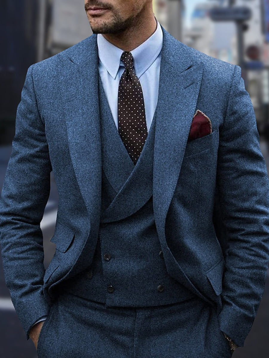Dark Gray Men's Peak Tweed Single Breasted Two-Buttons Wedding Suits Blue