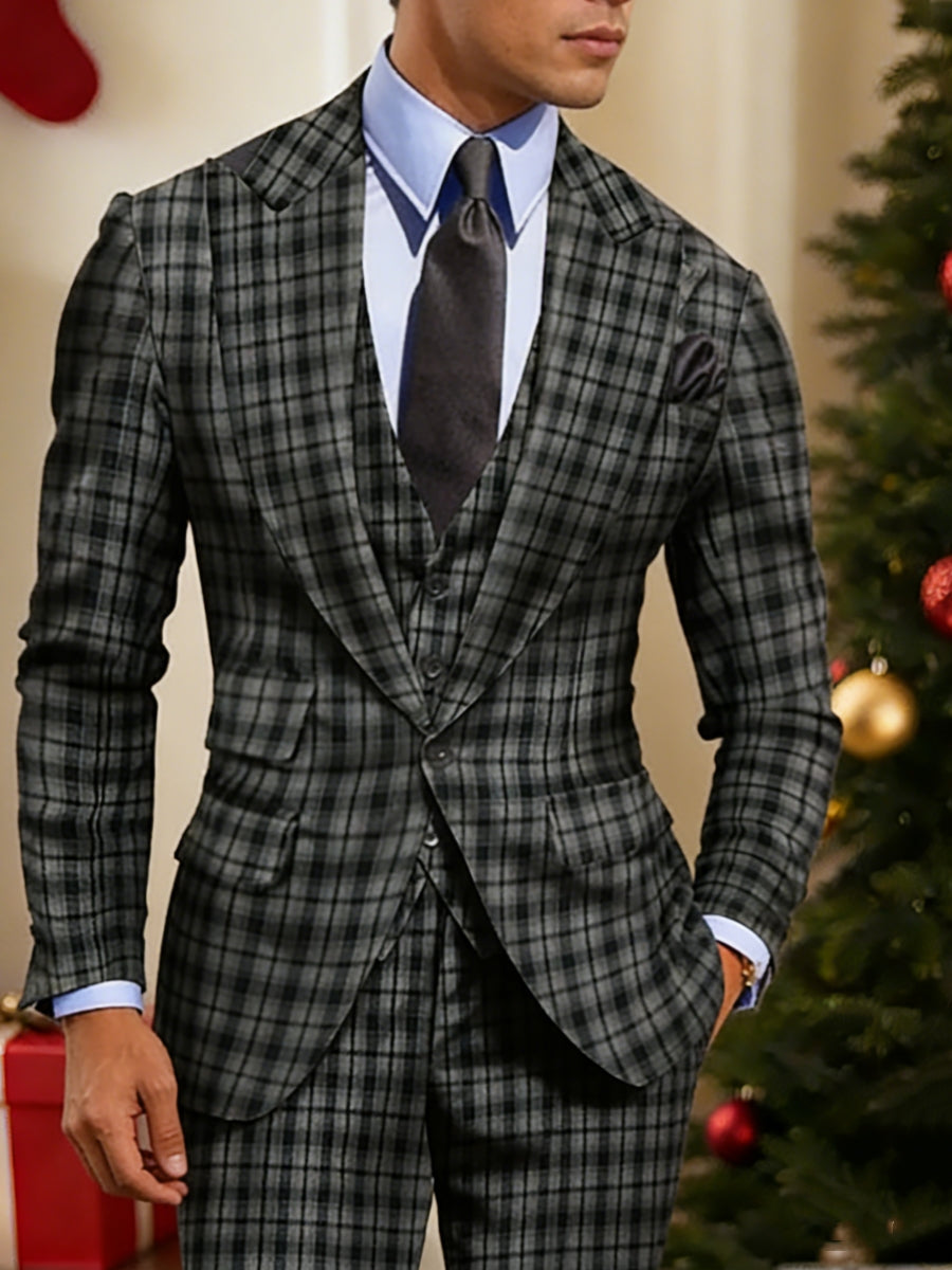 Dark Gray Men's Wedding Plaid Checkered Tailored Fit Single Breasted Suits 3 Piece
