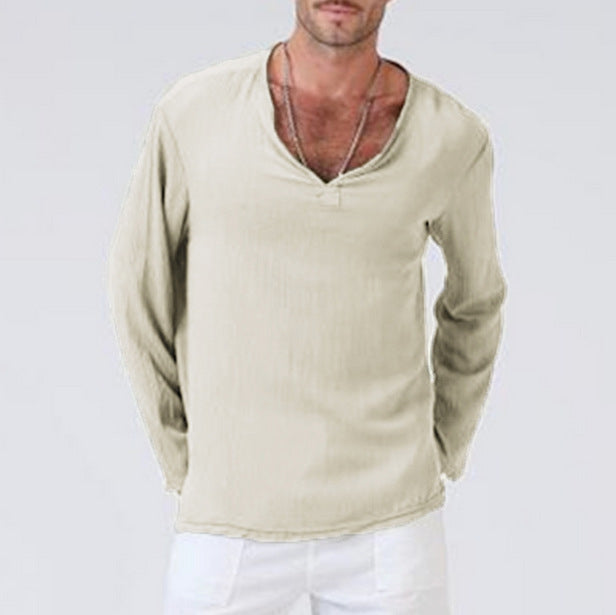 Men's Casual V-Neck Long Sleeves Solid Color Shirt Khaki