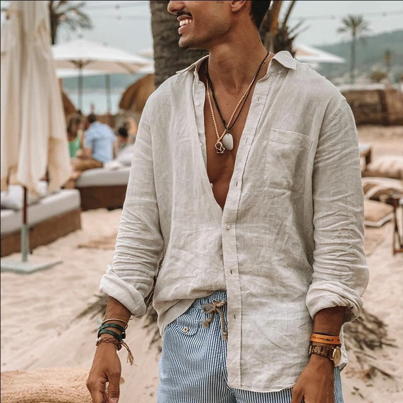 Men's Casual Long Sleeves Solid Color Shirt White