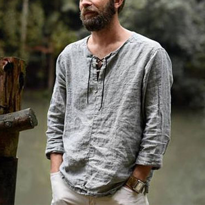 Men's Round Neck Casual Long Sleeves Solid Color Shirt Gray