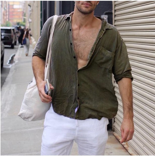 Men's Lapel Casual Long Sleeves Solid Color Shirt with Pocket Green