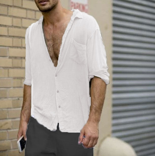 Men's Lapel Casual Long Sleeves Solid Color Shirt with Pocket White