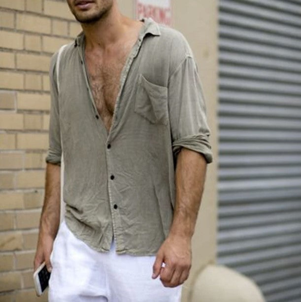 Men's Lapel Casual Long Sleeves Solid Color Shirt with Pocket Gray
