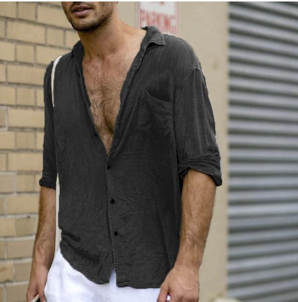 Men's Lapel Casual Long Sleeves Solid Color Shirt with Pocket Black