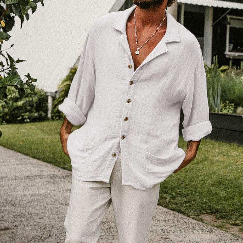 Men's Lapel Casual Long Sleeves Solid Color Shirt with Pockets White