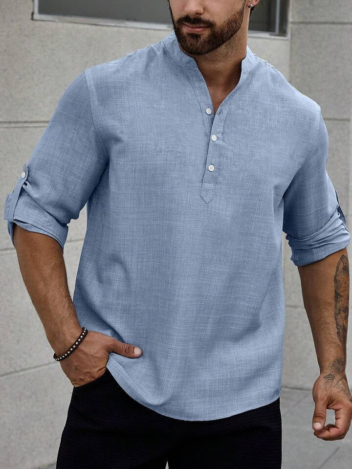 Men's Stand Collar Casual Long Sleeves Solid Color Shirt Blue