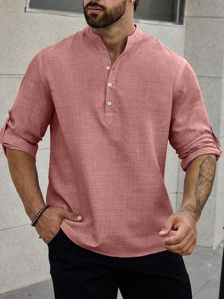 Men's Stand Collar Casual Long Sleeves Solid Color Shirt Pink