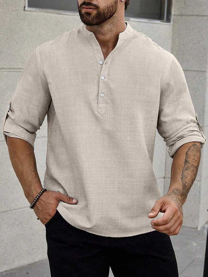 Men's Stand Collar Casual Long Sleeves Solid Color Shirt Apricot
