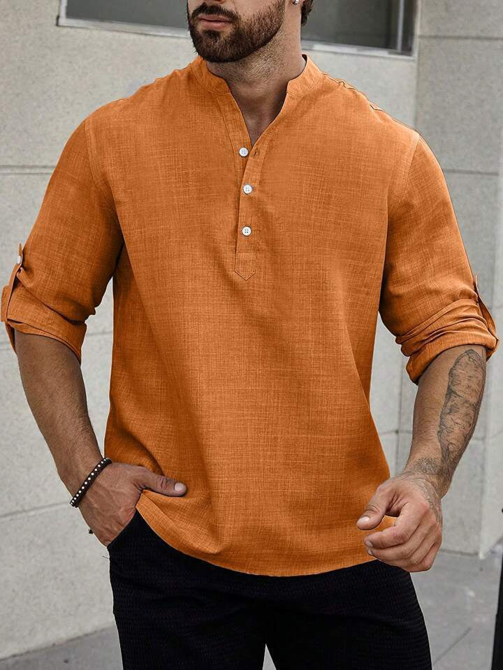 Men's Stand Collar Casual Long Sleeves Solid Color Shirt Orange